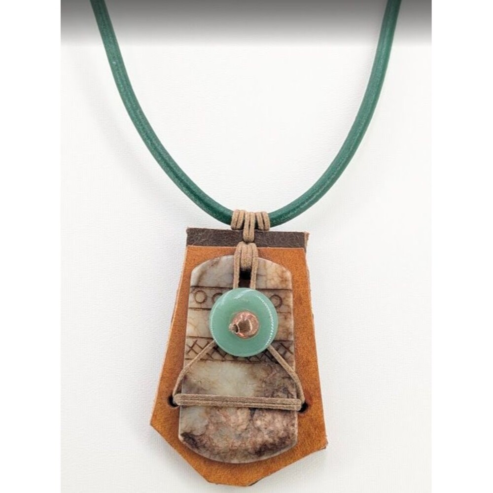 Pendant Necklace Jasper Green Stone Leather Cord Copper Tone Geometric 24 Inch